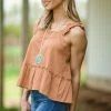 Very J Cinnamon Ruffle Trim Drop Waist Tank Tops