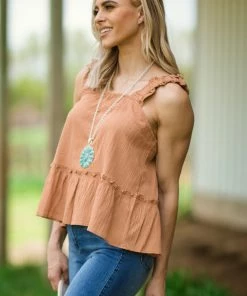 Very J Cinnamon Ruffle Trim Drop Waist Tank Tops