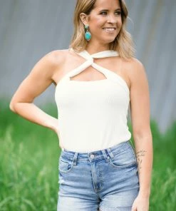 BIBI Tops Off White Rib Knit Halter Tank With Cutout 7 BIBI Tops Off White Rib Knit Halter Tank With Cutout