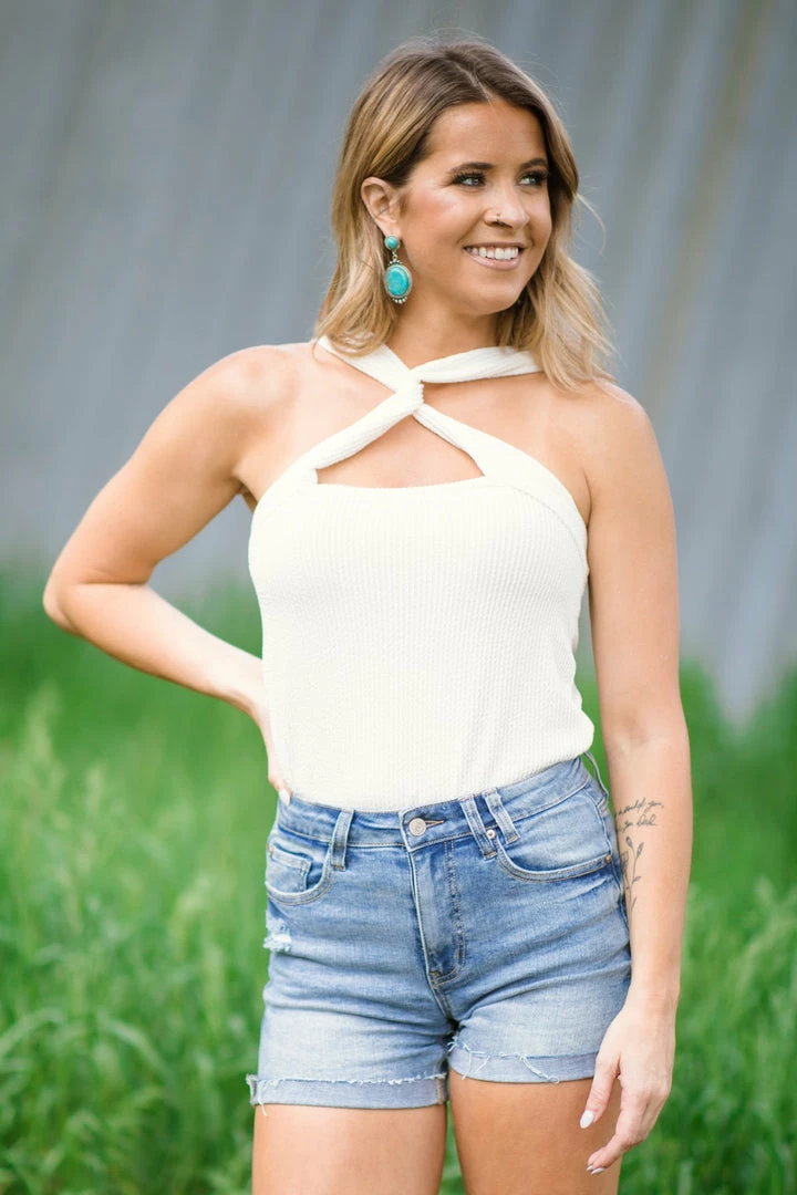 BIBI Tops Off White Rib Knit Halter Tank With Cutout 5 BIBI Tops Off White Rib Knit Halter Tank With Cutout