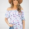 White Birch Sky Blue And Fuchsia Floral Puff Sleeve Top