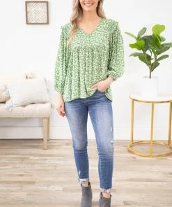 Staccato Green Ditsy Floral Babydoll Top With Ruffle LONG SLEEVES 9 Staccato Green Ditsy Floral Babydoll Top With Ruffle LONG SLEEVES