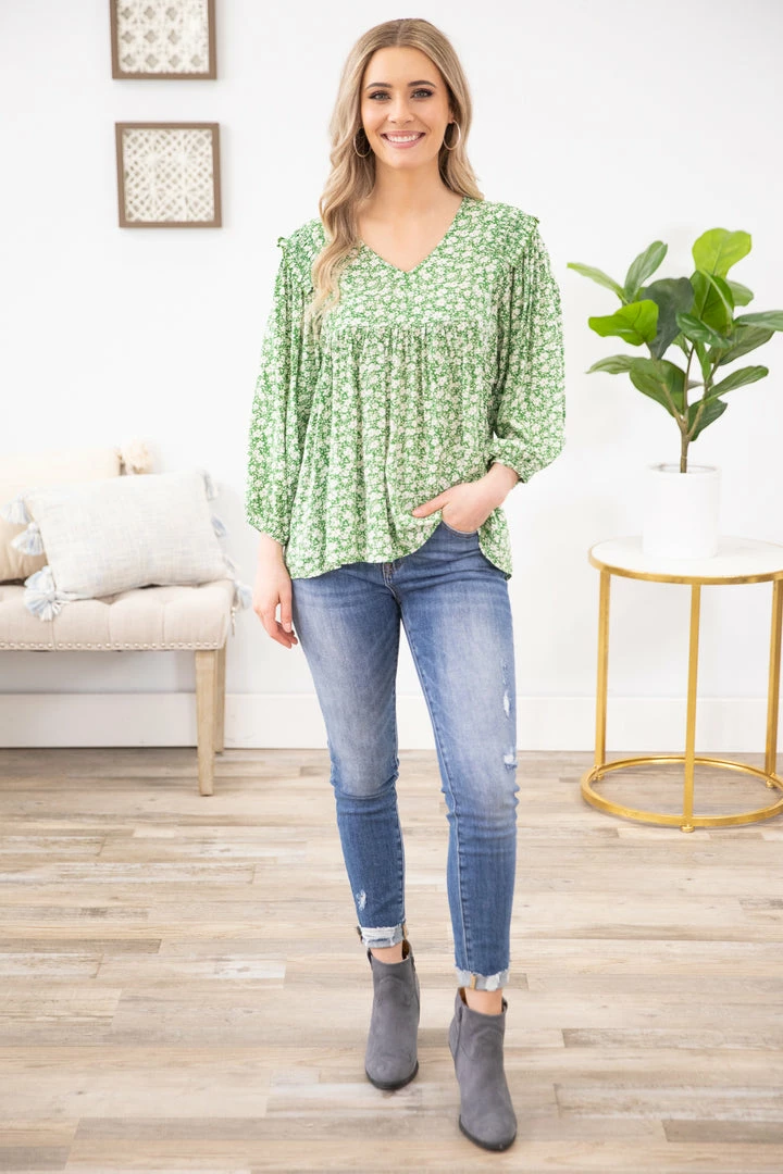 Staccato Green Ditsy Floral Babydoll Top With Ruffle LONG SLEEVES 5 Staccato Green Ditsy Floral Babydoll Top With Ruffle LONG SLEEVES