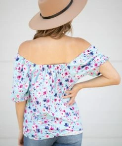 White Birch Sky Blue And Fuchsia Floral Puff Sleeve Top