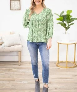 Staccato Green Ditsy Floral Babydoll Top With Ruffle LONG SLEEVES 10 Staccato Green Ditsy Floral Babydoll Top With Ruffle LONG SLEEVES