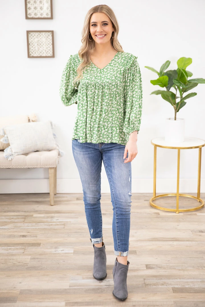 Staccato Green Ditsy Floral Babydoll Top With Ruffle LONG SLEEVES 6 Staccato Green Ditsy Floral Babydoll Top With Ruffle LONG SLEEVES