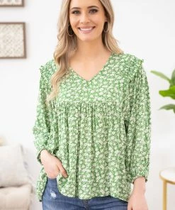 Staccato Green Ditsy Floral Babydoll Top With Ruffle LONG SLEEVES