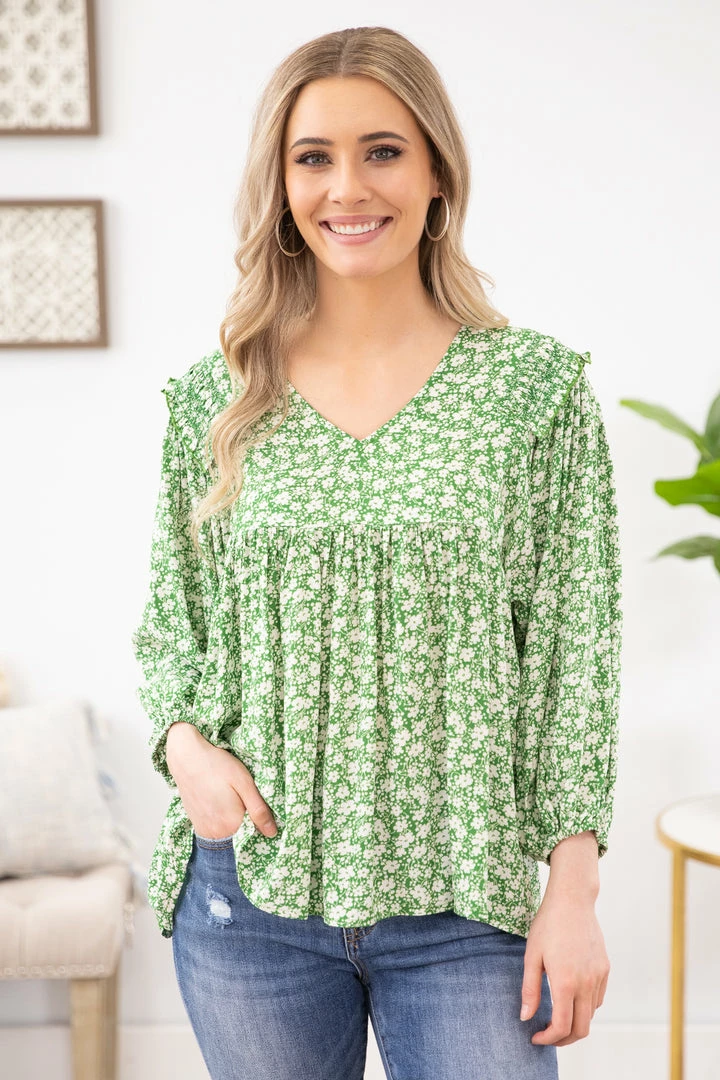 Staccato Green Ditsy Floral Babydoll Top With Ruffle LONG SLEEVES 3 Staccato Green Ditsy Floral Babydoll Top With Ruffle LONG SLEEVES