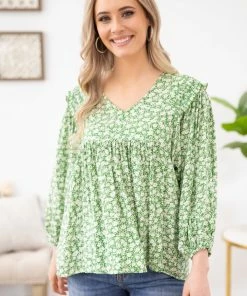 Staccato Green Ditsy Floral Babydoll Top With Ruffle LONG SLEEVES