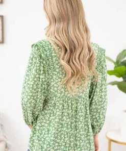 Staccato Green Ditsy Floral Babydoll Top With Ruffle LONG SLEEVES 11 Staccato Green Ditsy Floral Babydoll Top With Ruffle LONG SLEEVES