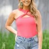 BIBI Tops Hot Pink Rib Knit Halter Tank With Cutout