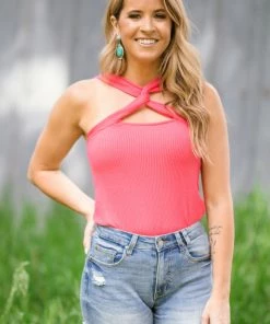BIBI Tops Hot Pink Rib Knit Halter Tank With Cutout