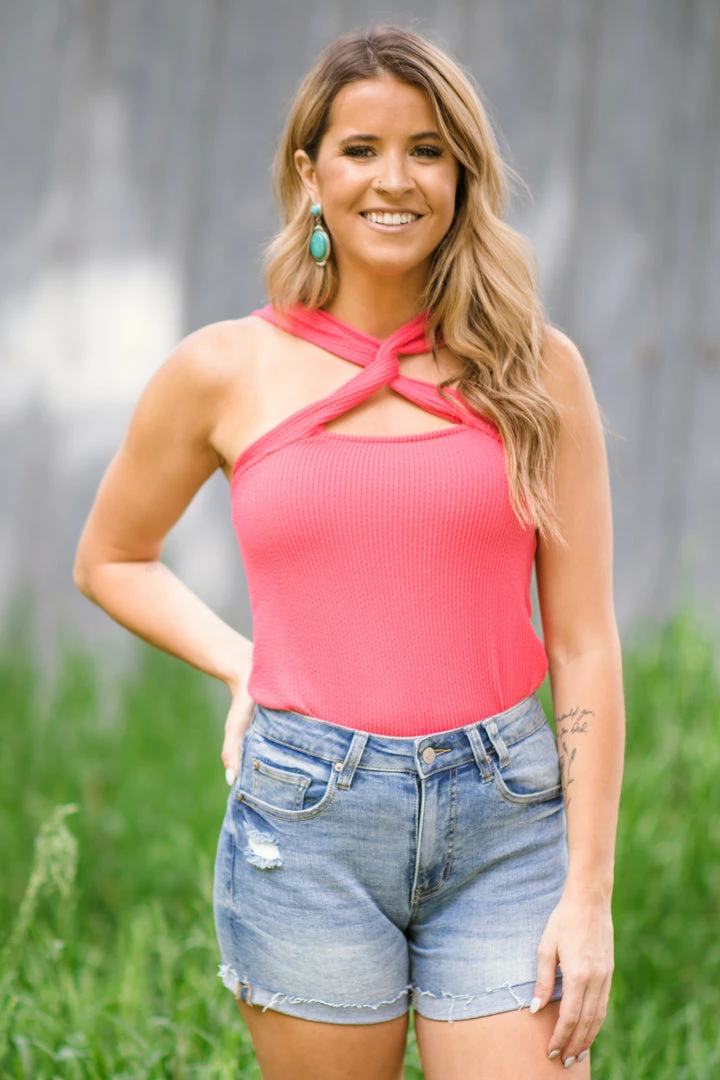 BIBI Tops Hot Pink Rib Knit Halter Tank With Cutout 3 BIBI Tops Hot Pink Rib Knit Halter Tank With Cutout