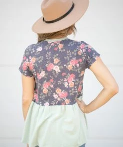 12PM Tops Sage Multicolor Top With Floral Sleeves