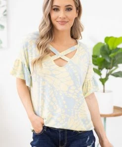 7th Ray Baby Blue And Yellow Abstract Animal Print Top