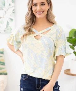 7th Ray Baby Blue And Yellow Abstract Animal Print Top