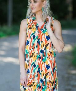 FSL Apparel Orange Multicolor Abstract Print Dress Dresses