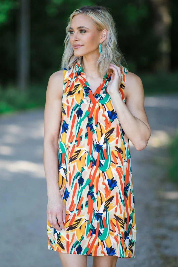 FSL Apparel Orange Multicolor Abstract Print Dress Dresses 3 FSL Apparel Orange Multicolor Abstract Print Dress Dresses