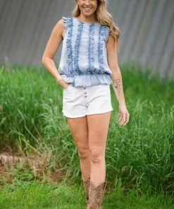 Doe & Rae Light Wash Chambray Ruffle Front Peplum Top Tops 8 Doe & Rae Light Wash Chambray Ruffle Front Peplum Top Tops