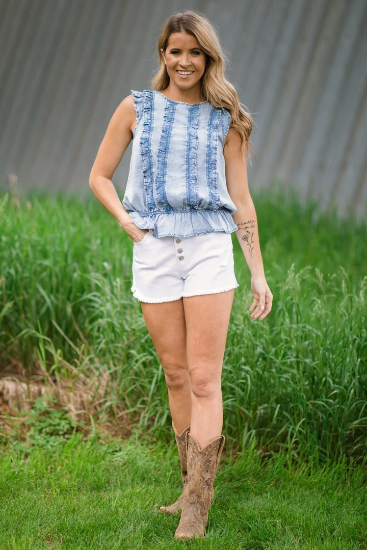 Doe & Rae Light Wash Chambray Ruffle Front Peplum Top Tops 5 Doe & Rae Light Wash Chambray Ruffle Front Peplum Top Tops