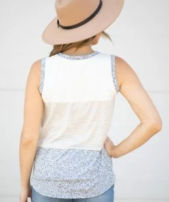 Perfect Peach White And Dusty Blue Floral Stripe Tank Tops