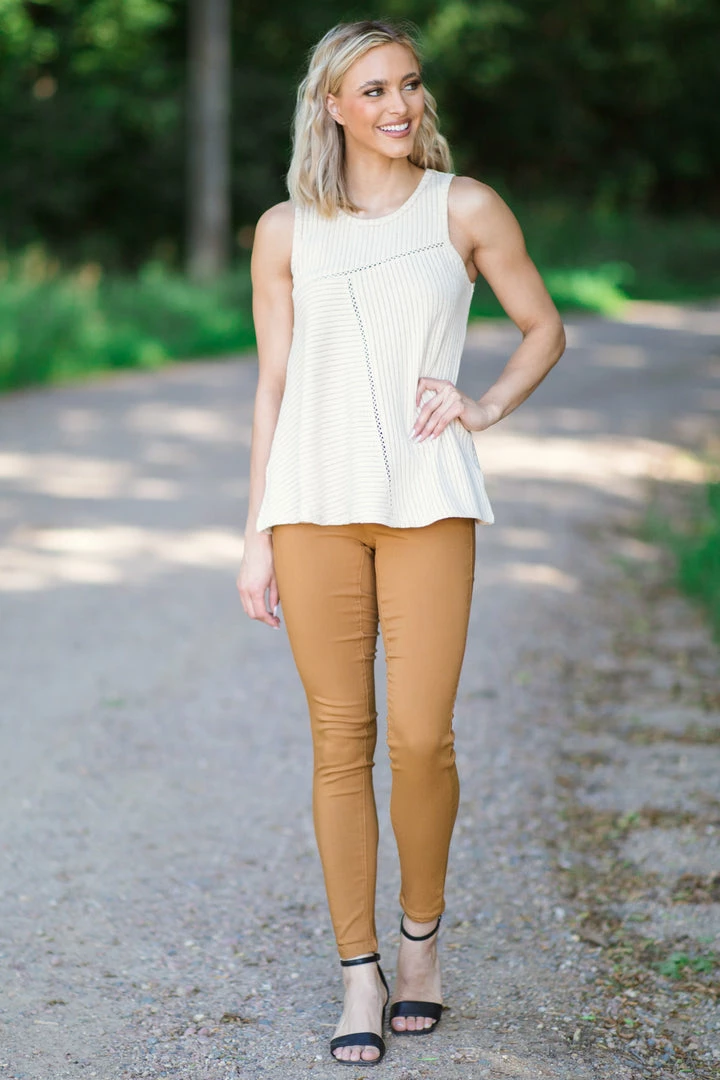 Doe & Rae Beige Rib Knit Asymmetrical Seam Tank Tops 4 Doe & Rae Beige Rib Knit Asymmetrical Seam Tank Tops