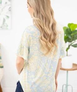 7th Ray Baby Blue And Yellow Abstract Animal Print Top