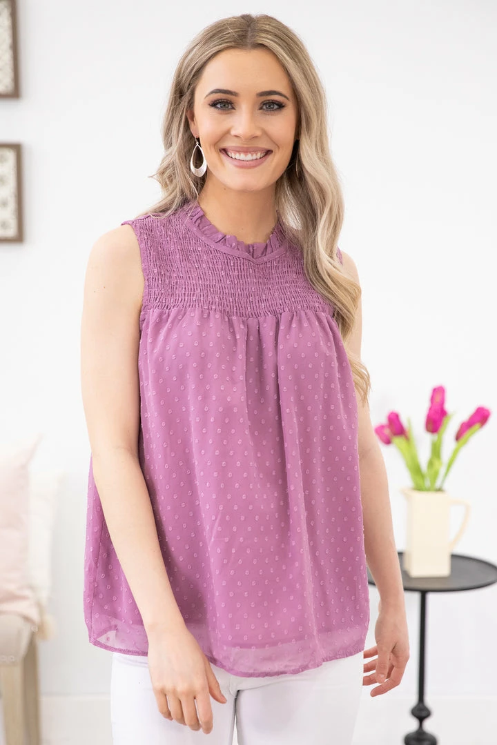 Shewin TANK TOPS Orchid Swiss Dot Smocked Yoke Tank 3 Shewin TANK TOPS Orchid Swiss Dot Smocked Yoke Tank
