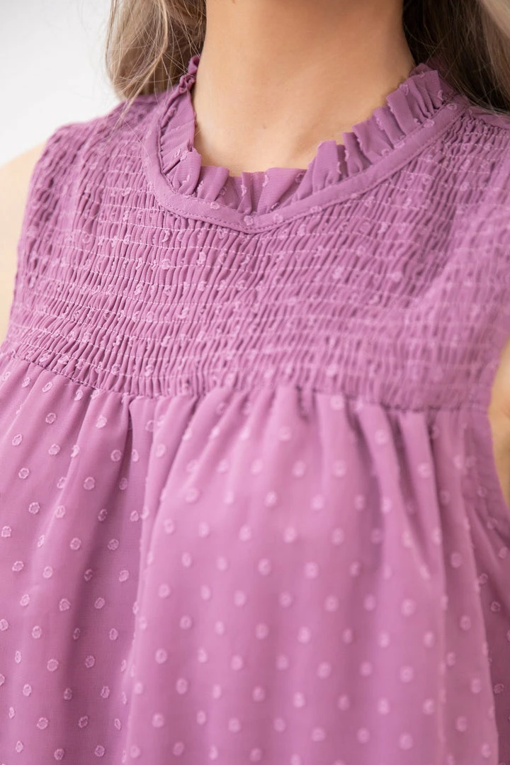 Shewin TANK TOPS Orchid Swiss Dot Smocked Yoke Tank 7 Shewin TANK TOPS Orchid Swiss Dot Smocked Yoke Tank