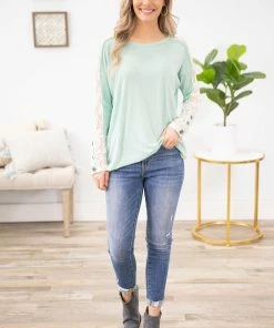 Lovely Melody Mint Crochet Sleeve Long Sleeve Top