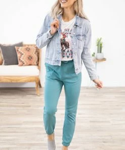 Zenana Teal Cuffed Elastic Waist Joggers