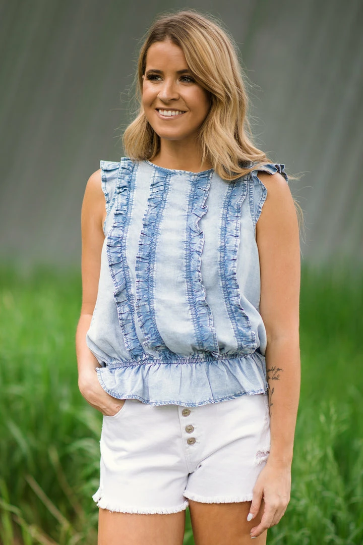 Doe & Rae Light Wash Chambray Ruffle Front Peplum Top Tops 4 Doe & Rae Light Wash Chambray Ruffle Front Peplum Top Tops