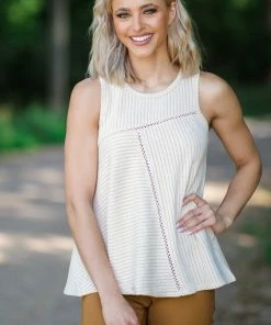 Doe & Rae Beige Rib Knit Asymmetrical Seam Tank Tops