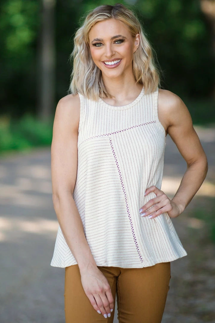 Doe & Rae Beige Rib Knit Asymmetrical Seam Tank Tops 3 Doe & Rae Beige Rib Knit Asymmetrical Seam Tank Tops