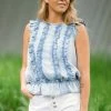 Doe & Rae Light Wash Chambray Ruffle Front Peplum Top Tops