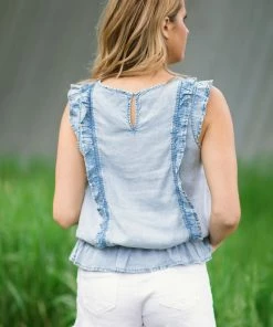 Doe & Rae Light Wash Chambray Ruffle Front Peplum Top Tops 9 Doe & Rae Light Wash Chambray Ruffle Front Peplum Top Tops