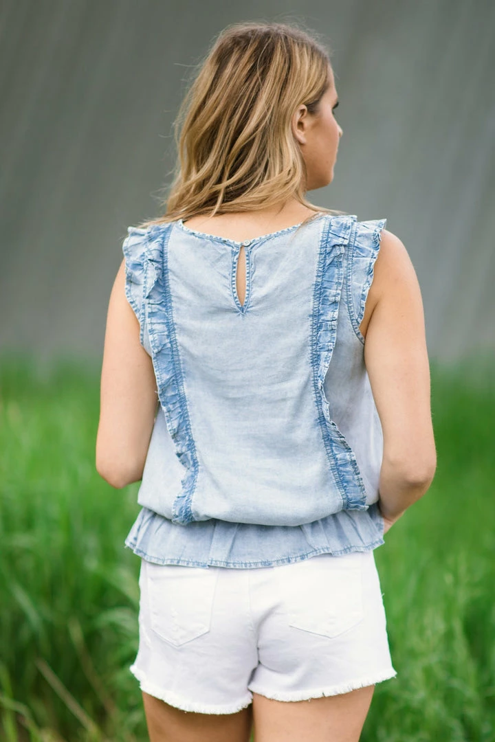 Doe & Rae Light Wash Chambray Ruffle Front Peplum Top Tops 6 Doe & Rae Light Wash Chambray Ruffle Front Peplum Top Tops