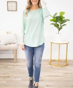 Lovely Melody Mint Crochet Sleeve Long Sleeve Top