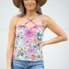 Macaron Mint And Pink Floral Criss-Cross Neck Tank Tops