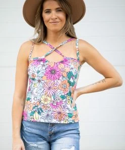 Macaron Mint And Pink Floral Criss-Cross Neck Tank Tops