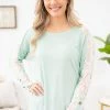 Lovely Melody Mint Crochet Sleeve Long Sleeve Top