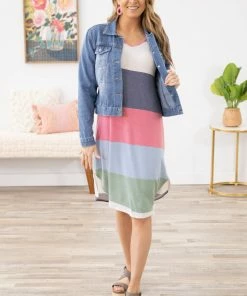 Chris & Carol Sage And Pink Colorblock Midi Dress