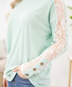 Lovely Melody Mint Crochet Sleeve Long Sleeve Top