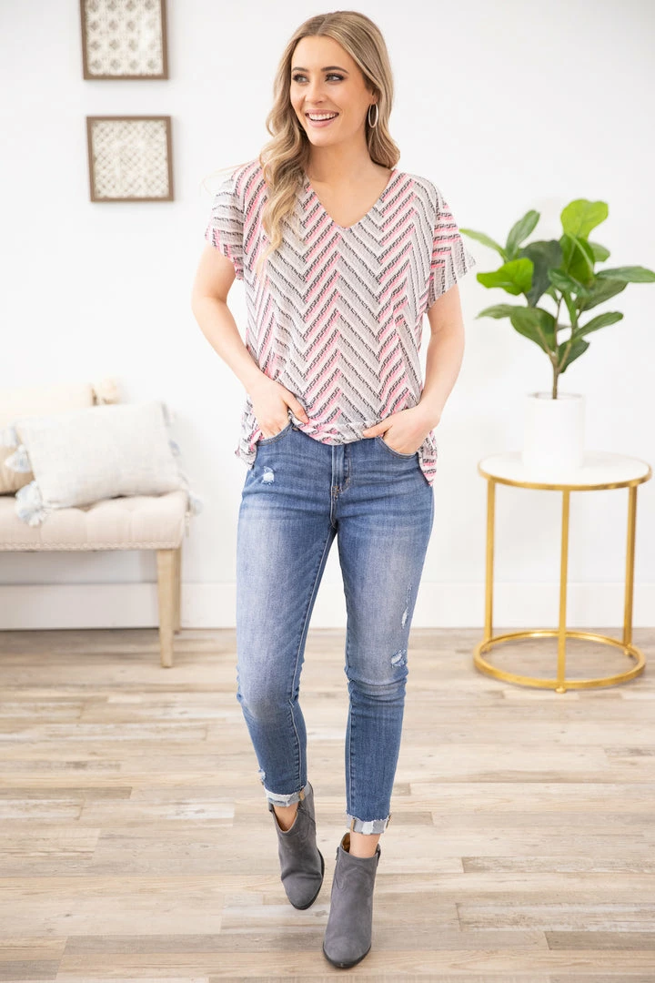 Lovely Melody SHORT SLEEVES Neon Pink And Grey Chevron Textured Knit Top 6 Lovely Melody SHORT SLEEVES Neon Pink And Grey Chevron Textured Knit Top