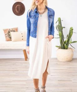 Chris & Carol Beige Rib Knit Round Neck Dress Dresses