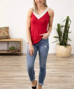 Blumin Apparel Red Sequin Trim V-Neck Tank Tops