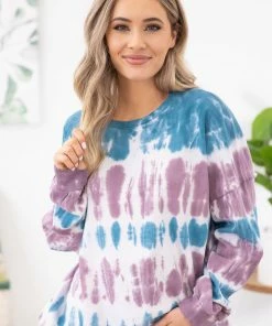 Easel Turquoise And Mauve Tie Dye Top LONG SLEEVES