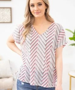 Lovely Melody SHORT SLEEVES Neon Pink And Grey Chevron Textured Knit Top