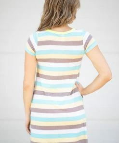 7th Ray Aqua And Mocha Stripe Short Sleeve Dress Dresses