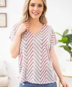 Lovely Melody SHORT SLEEVES Neon Pink And Grey Chevron Textured Knit Top